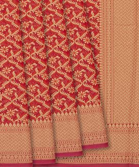 Red Woven Banarasi Blended Cotton Saree With Floral Jaal Motifs
