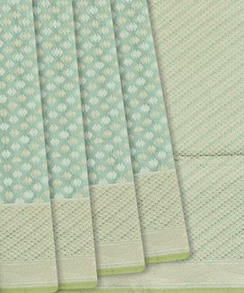Light Green Handloom Banarasi Cotton Saree With Diagonal Stripes In Border
