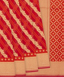 Red Woven Banarasi Blended Cotton Saree With Diagonal  Vine Motifs & Chevron Border