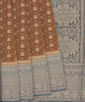 Brown Woven Banarasi Blended Cotton Saree With Floral Motifs & Grey Border

