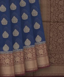 Navy Blue Woven Banarasi Blended Cotton Saree With Floral Motifs & Maroon Border
