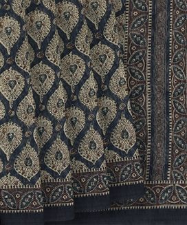 Dark Grey Woven Blended Linen Saree With Floral Motifs In Honey Comb Patterns
