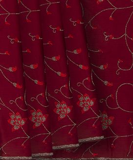 Crimson Woven Faux Chiffon Embroidered Saree With Floral Vine Motifs
