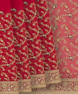 Red Woven Faux Georgette Embroidered Saree With Mango Vine Motifs
