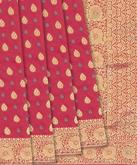 Pink Woven Banarasi Blended Silk Saree With Floral Motifs
