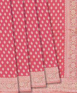 Bubble Gum Pink Woven Banarasi Blended Silk Saree With Floral Motifs
