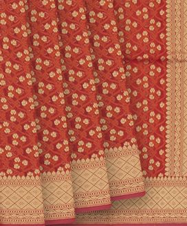 Red Woven Banarasi Blended Cotton Saree With Floral Jaal Motifs & Zari Border
