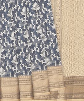 Grey Woven Blended Cotton Saree With Geometric Floral Motifs
