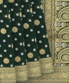 Bottle Green Woven Blended Khaddi Georgette Saree With Floral Butta & Corner Paisley Butta
