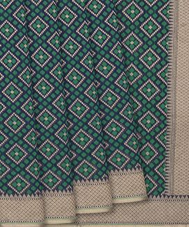 Teal Woven Blended Silk Cotton Saree With Diamond Floral Motifs 
