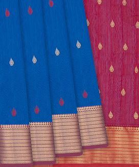 Blue Handloom Maheswari Silk Cotton Saree With Zari Border
