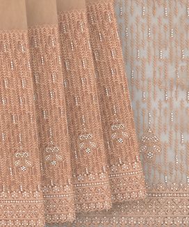 Peach Woven Net Embroidered Saree With Paisley Motifs
