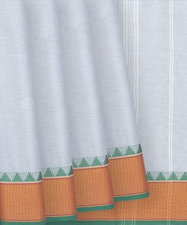 Grey Handloom Chettinad Cotton Saree With Contrast Temple Border