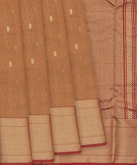 Rust Handloom Maheswari Silk Cotton Saree With Checks & Kamalam Butta
