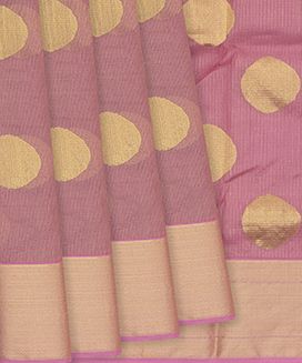 Bubble Gum Pink Handloom Maheswari Silk Cotton Saree With Coin Butta
