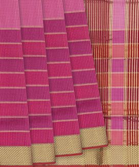 Pink Handloom Maheswari Half & Half Silk Cotton Saree With Checks & Stripes
