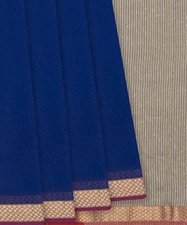 Blue Handloom Maheswari Silk Cotton Saree With Stripes Pallu
