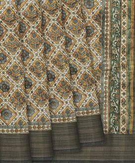 Mustard Woven Blended Dupion Saree With Printed Floral Motifs
