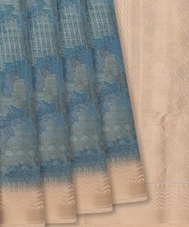 Cyan Woven Blended Dupion Saree With Printed Floral Motifs & Zari Border
