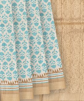 Cream Handloom Tussar Silk Saree With Printed Floral Motifs 

