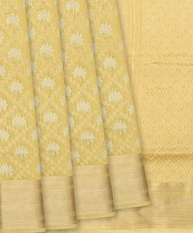 Yellow Woven Blended Linen Saree With Floral Motifs & Zari Border
