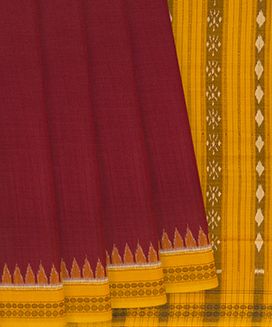 Crimson Handloom Orissa Cotton Saree With Mustard Temple Border
