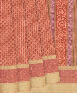 Peach Woven Blended Supernet Printed Saree With Floral Motifs
