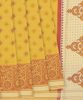 Yellow Woven Blended Supernet Printed Saree With Floral & Paisley Motifs
