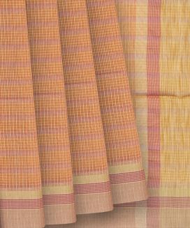 Light Peach Woven Blended Cotton Saree With Checks
