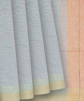 Light Blue Woven Blended Cotton Saree With Checks & Striped Pallu

