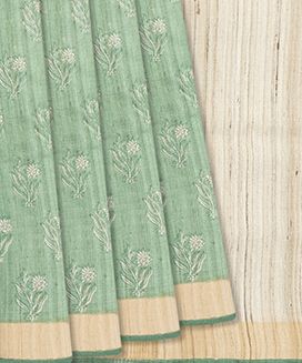Cardamom Green Handloom Tussar Silk Saree With Printed Floral Motifs & Beige Border
