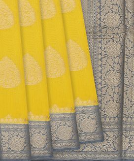 Yellow Woven Banarasi Blended Cotton Saree With Floral Zari Butta
