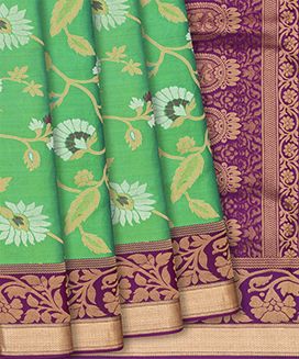 Green Handloom Soft Silk Saree With Floral Vine Zari Motifs
