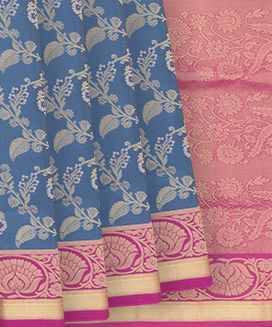 Blue Handloom Soft Silk Saree With Floral Vine Motifs & Pink Border
