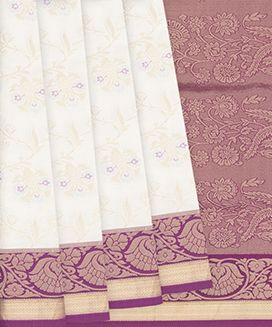 White Handloom Soft Silk Saree With Floral Motifs & Pink Border
