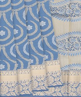 Steel Blue Handloom Soft Silk Saree With Floral Motifs
