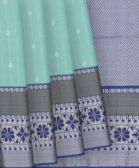 Turquoise Handloom Soft Silk Saree With Floral Motifs & Stripes