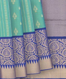 Aquamarine Handloom Soft Silk Saree With Floral & Vanki Stripes