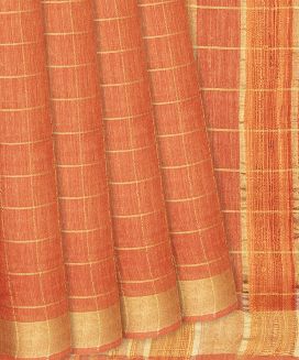 Orange Handwoven Tussar Silk Saree With Checks
