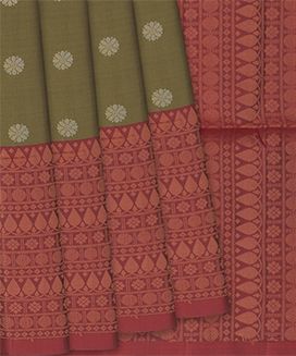Sage Green Handloom Soft Silk Saree With Floral Butta & Red Border
