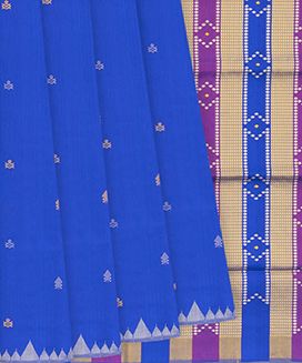 Blue Handloom Orissa Silk Saree With Spearhead Motifs & Temple Border
