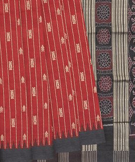 Red Handloom Orissa Silk Saree With Spearhead Motifs & Stripes
