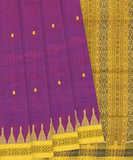 Purple Handloom Orissa Silk Saree With Floral Motifs & Contrast Yellow Border
