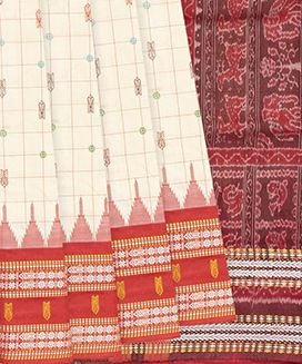 Cream Handloom Orissa Silk Saree With Checks & Contrast Red Border
