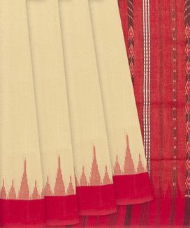 Sandal Handloom Orissa Cotton Saree With Red Temple Border
