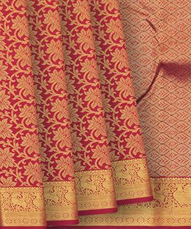 Red Handloom Kanchipuram Silk Saree With Floral Vine Zari Motifs 