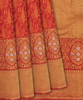 Red Handloom Kanchipuram Silk Saree With Floral Vine Motifs
