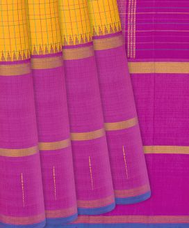 Turmeric Yellow Handloom Kanchipuram Korvai Silk Saree With Checks

