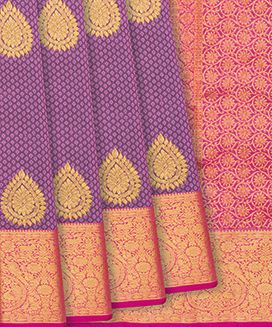Lilac Handloom Kanchipuram Silk Saree With Floral Motifs & Pink Pallu

