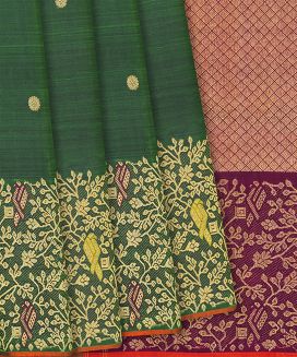 Dark Green Handloom Kanchipuram Silk Saree With Kamalam Buttas